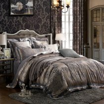 Traditional Champagne Gold and Grey Vintage Shabby Chic Indian Tribal Print Adults Full, Queen Size Luxury Jacquard Satin Bedding Sets