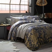 Exotic Dusty Blue and Gold Vintage Style Western Floral Print Bohemian Chic Unique Adults Full, Queen Size Luxury Cotton Bedding Sets
