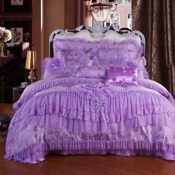 Sophisticated Elegant Amethyst-purple Embroidery Victorian Rose Ruffle and Lace Design Full, Queen Size Girls Appliques Bedding Sets