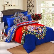 Sapphire Blue Red White and Yellow Bohemian Hippie Style Moroccan Tribal and Folklore Print Full, Queen Size Unique Cotton Bedding Sets