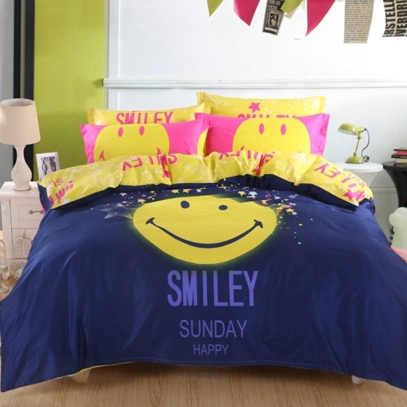 Dark Blue Yellow and Hot Pink Hipster Style Smiley Face Print with Trend Monogrammed Girls Boys Cotton Twin, Full, Queen Size Bedding Sets