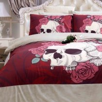 Girls Red and White Skull and Rose Print Sexy and Romantic Hipster Style Flannel Full, Queen Size Bedding Sets