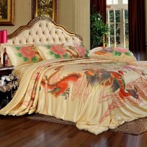 Noble Excellence Red Gold Pink and Green Chinese-inspired Dragon and Phoenix Print Luxury Mulberry Silk Full, Queen Size Bedding Sets