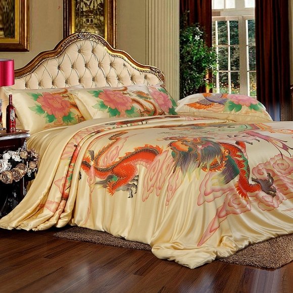 Noble Excellence Red Gold Pink and Green Chinese-inspired Dragon and Phoenix Print Luxury Mulberry Silk Full, Queen Size Bedding Sets