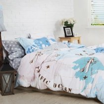 Hipster Blue White and Coffee Brown Old World Travel Themed Map and Vintage Airplane Print Kids Full, Queen Size Cotton Bedding Sets