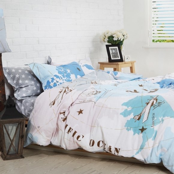 Hipster Blue White and Coffee Brown Old World Travel Themed Map and Vintage Airplane Print Kids Full, Queen Size Cotton Bedding Sets