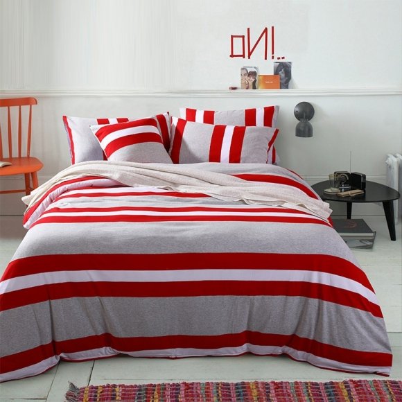 Red White and Gray Rugby Stripe Print Simply Modern Chic Full, Queen Size Bedding Sets