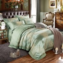 Sequin Shiny Sage Green and Metallic Gold Rustic Western Style Pop Paisley Print Luxury Jacquard Satin Full, Queen Size Bedding Sets