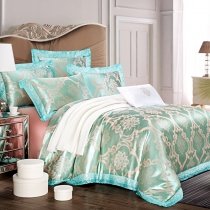 Sparkle Sea Green Turquoise and Metallic Gold Bohemian Victorian Pattern Vintage Lace Luxury Jacquard Satin Full, Queen Size Bedding Sets