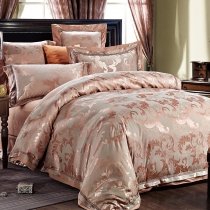 Luxury Rose Gold and Gray Leaf Pattern Sequin Vintage Shabby Chic Jacquard Satin Full, Queen Size Bedding Sets
