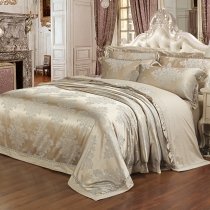 Champagne Gold Rococo Pattern Sophisticated Sequin Jacquard Satin Shabby Chic Full, Queen Size Bedding Sets