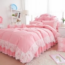 Solid Pink with White Lace Design Modern Chic Cute Girly 100% Cotton Twin, Full, Queen Size Bedding Sets