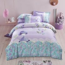Pastel Lavender Purple Beige Green and Slate Blue Girl and Garden Floral Print Elegant Girls Full, Queen Size Cotton Bedding Sets