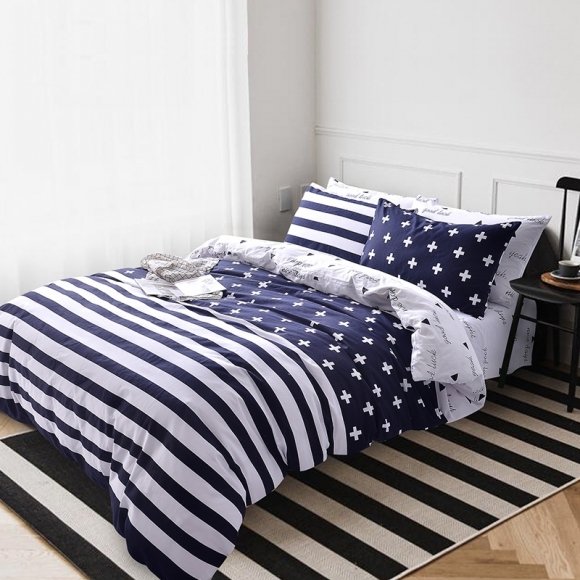 Unusual Dark Blue and White Monogrammed Rugby Stripe and Plus Sign Print Teen Boys 100% Cotton Twin, Full Size Reversible Bedding Sets