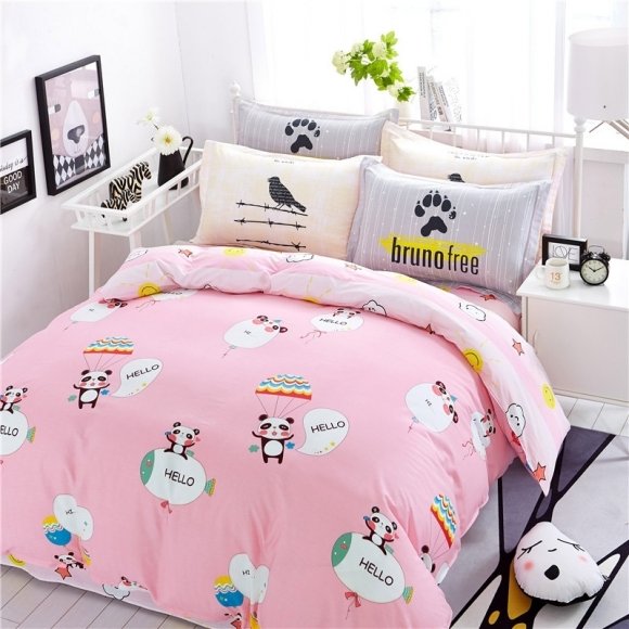 Elegant Pastel Shiny Pink White Teal and Red Animal Panda Balloon Monogrammed Print Girls 100% Cotton Twin, Full Size Bedding Sets