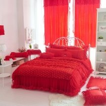 Sophisticated Elegant Cardinal Red Applique Flower Vintage Romantic Victorian Lace Gathered Girls Twin, Full, Queen Size Bedding Sets