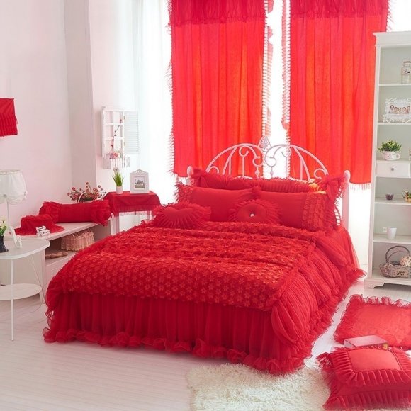 Sophisticated Elegant Cardinal Red Applique Flower Vintage Romantic Victorian Lace Gathered Girls Twin, Full, Queen Size Bedding Sets