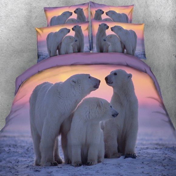 White Grey and Purple Polar Bear Print Arctic Animal Themed 3D Design Twin, Full, Queen, King Size Bedding Sets for Teens