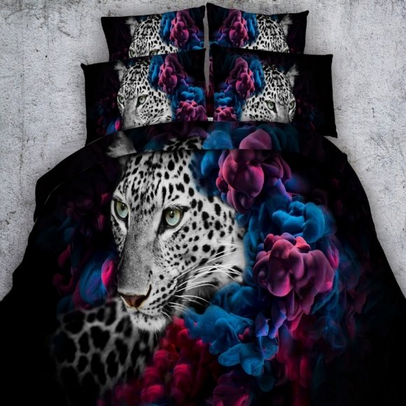 Shabby Chic Black White Purple and Blue Leopard Print Jungle Animal Themed Twin, Full, Queen, King Size Bedding Sets