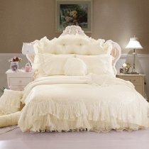 Beige Jacquard Rose Vintage Shabby Chic Victorian Lace Ruffle Sophisticated Elegant Feminine Full, Queen Size Bedding Sets