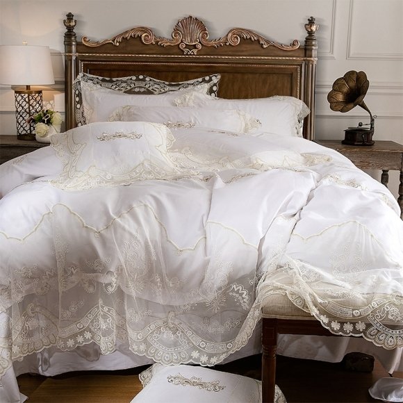 Retro Shabby Chic Beige Embroidered Rococo Pattern Applique Victorian Lace Romantic Elegant Feminine Full, Queen Size Bedding Sets