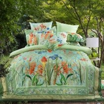 Turquoise Green Blue Orange and Beige Rustic Western Pop Paisley Wildflower Print Tropical Hawaiian Full, Queen Size Bedding Sets