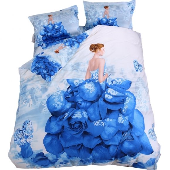 Peacock Blue and White Beautiful Woman Rose Heart Diamond Print Elegant Feminine Adults Full, Queen Size Bedding Sets