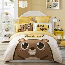 Coffee Yellow and White Cartoon Bear Print Animal Themed Funky Style Unique Kids Twin, Full Size Bedding Sets