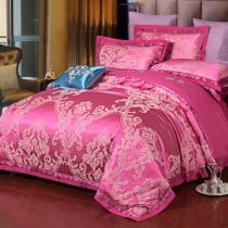Upscale Rose Red and Gold Indian Tribal Pattern Modern Bohemian Style Elegant Girls Jacquard Satin Full, Queen Size Bedding Sets