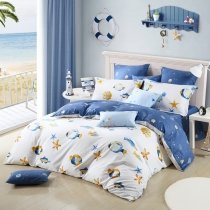 Blue Yellow and White Ocean Themed Fish, Seashell, Sea Star Print Tropical Style Twin, Full, Queen Size Bedding Sets