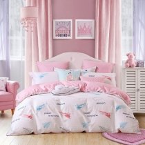 Girls Funky Paper Airplane Print Modern Chic Cute Style Twin, Full, Queen Size Bedding Sets in Blush Pink Blue and White
