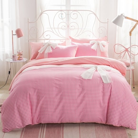 Scottish Style Hot Pink White and Blush Gingham Plaid Print Elegant Bow Girls Full, Queen Size Bedding Sets