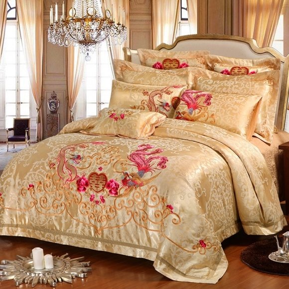 Metallic Gold White and Red Scroll Phoenix Dragon Print Vintage Shabby Chic Luxury Jacquard Satin Wedding Full, Queen Size Bedding Sets