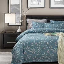 Slate Blue Beige and Pink Tree Top Leaf Print Tropical Forest Vintage Hawaiian Adults Full, Queen Size Bedding Sets