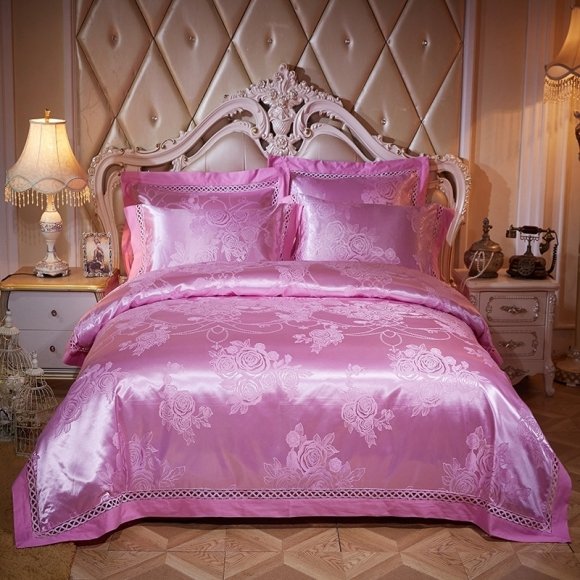 Beautiful Rose Pink Romantic Rose Pattern Glitter Satin Cute Girly Luxury Full, Queen Size Bedding Sets