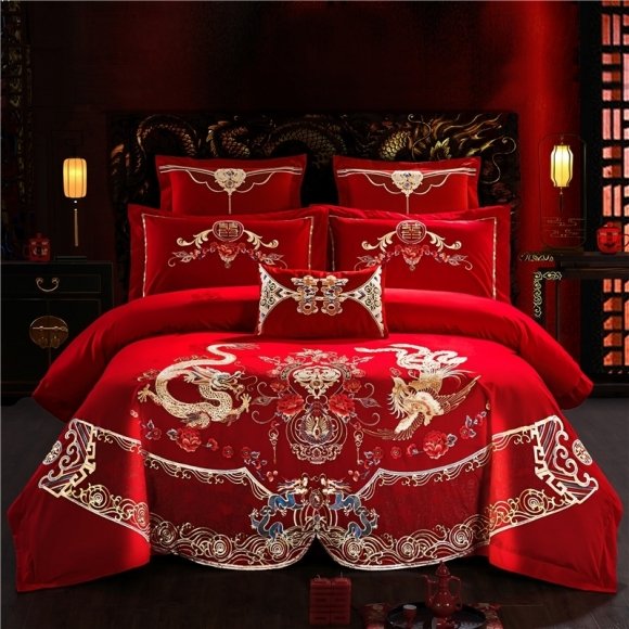 Boutique Red and Gold Beautiful Tribal Pattern Luxury Egyptian Cotton Full, Queen Size Bedding Sets