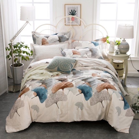 Gray Brown and Beige Ginkgo Leaf Vintage Full, Queen Size Bedding Sets