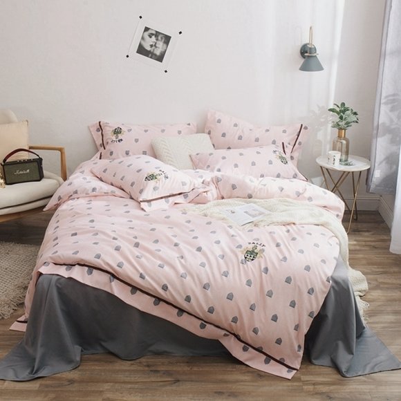 Pale Pink and Gray Polka Dot and Geometric Soft Full, Queen Size Bedding Sets