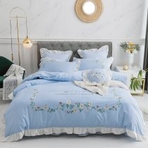 White and Sky Blue Ruffled Edge and Flower Full, Queen Size Bedding Sets