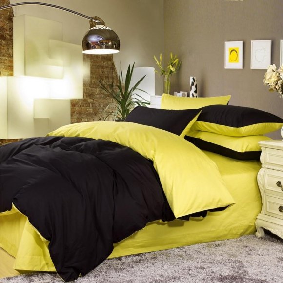 Luxury Plain Black and Solid Lemon Yellow Simply Shabby Chic Unique Adults Full, Queen Size Cotton Bedding Sets