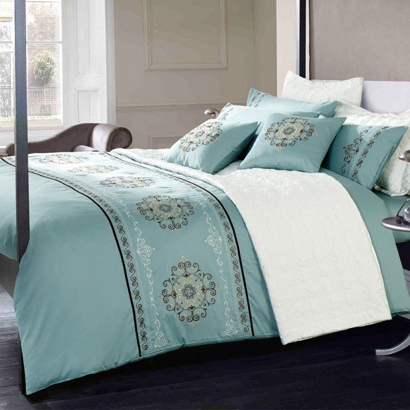 Blue and Grey Indian Tribal Pattern Luxury Hotel Style Exotic Western Embroidered Design Full, Queen Size Bedding Sets