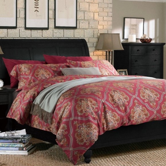 Luxury Coral Red and Gold Bohemian Chic Indian Tribal Print Baroque Style Full, Queen Size Feminine Cotton Bedding Sets