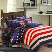 Personalized Navy Blue Red and Beige American Flag Themed Star and Stripe Vintage Full, Queen Size Luxury Cotton Bedding Sets