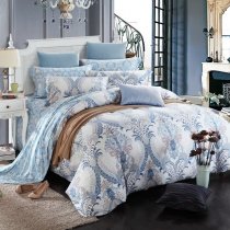 Light Blue Khaki and Off-white Bohemian Gothic Pattern with Pop Paisley and Western Floral Print Full, Queen Size Cotton Bedding Sets