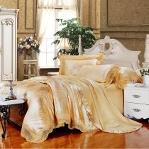 Gorgeous Solid Gold Vintage Gothic Pattern and Bohemian Indian Tribal Print with Lace Full, Queen Size Luxury Jacquard Bedding Sets