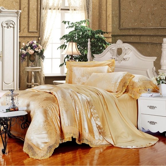 Gorgeous Solid Gold Vintage Gothic Pattern and Bohemian Indian Tribal Print with Lace Full, Queen Size Luxury Jacquard Bedding Sets