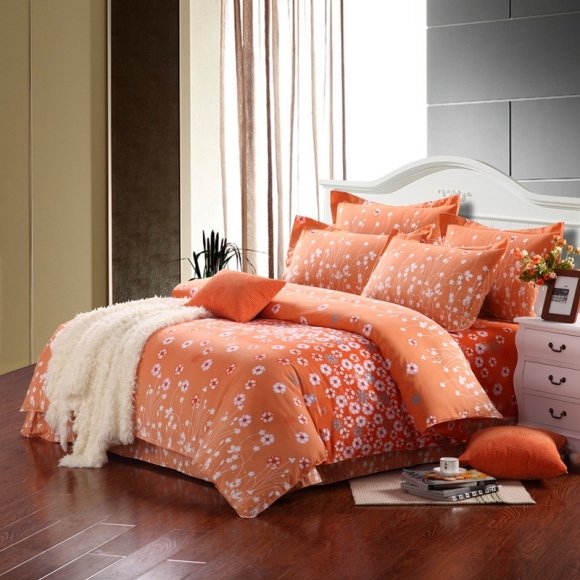 Durable Coral Orange and White Modern Chic Abstract Flower Print Full, Queen Size Luxury Cotton Bedding Sets