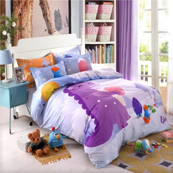 Girls Purple Blue and Orange Dinosaur Print Cartoon Animal Themed Cute Style Twin, Full Size Bedding Sets