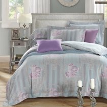 Dusty Purple Ash Gray and Alice Blue Vertical Stripes and Flower Print Shabby Chic 100% Egyptian Cotton Full, Queen Size Bedding Sets