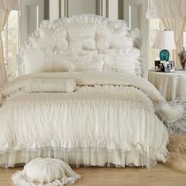 Noble Excellence Solid Beige Vintage Romantic Applique Ruched Frilly Sophisticated Elegant Feminine Cotton Full, Queen Size Bedding Sets